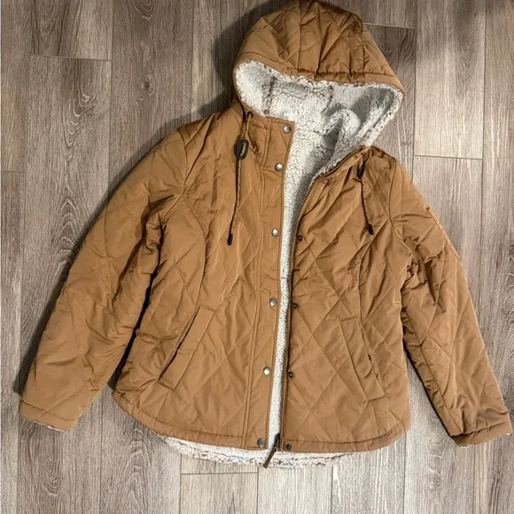 Brown Quilted Hooded Jacket with Sherpa Lining - Picture 1 of 8